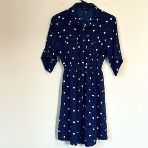 Elegant Navy Polka Dot Long Sleeve Dress - Size: Petite Large